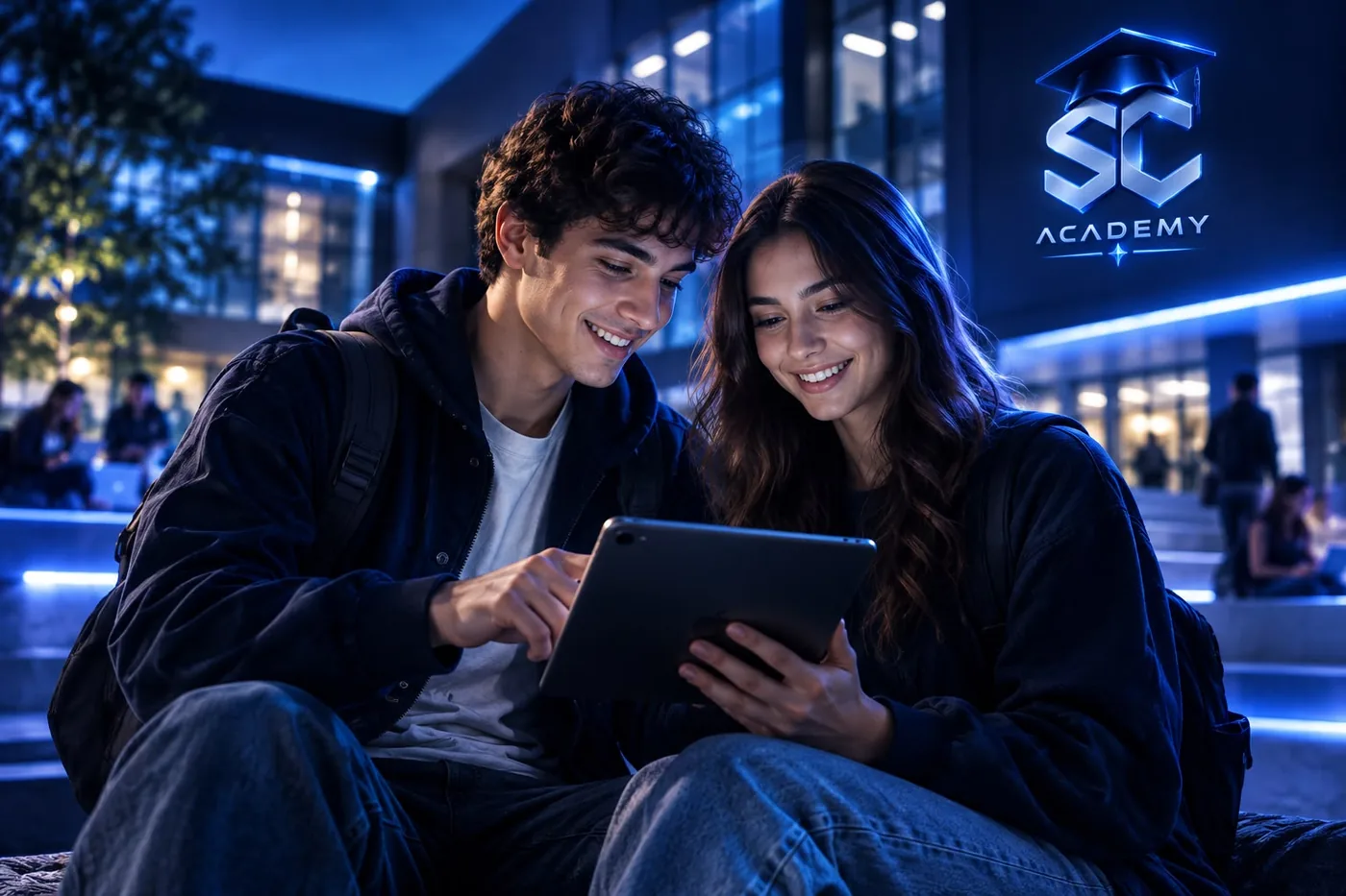 Social Club Academy kampüsünde tabletle platformu inceleyen iki öğrenci